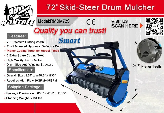 2026 Raytree RMDM72S 72 in Drum Skid Steer Mulcher (Unused)
