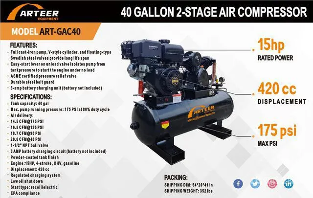 2026 ARTEER ART-GAC40 14.5 cfm Skid-Mounted 40 gal Air Compressor (Unused)