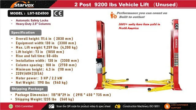 2026 STARVOX LST-SZ4500 2 Post 9200 lb Vehicle Lift (Unused)