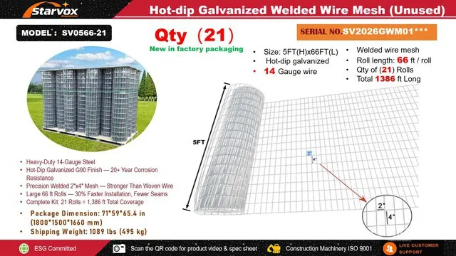 Quantity of (21) 2026 STARVOX SV0566-21 66 ft x 5 ft Hot-dip Galvanized Welded Wire Mesh Fencing (Unused)