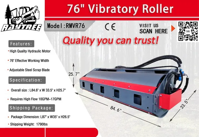 2026 Raytree RMVR76 76 in Skid Steer Vibratory Roller (Unused)