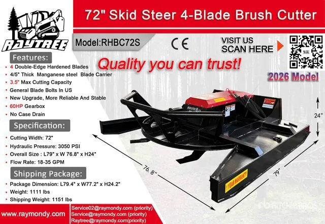 2026 Raytree RHBC72S 72 in 4-Blade Skid Steer Brush Cutter (Unused)