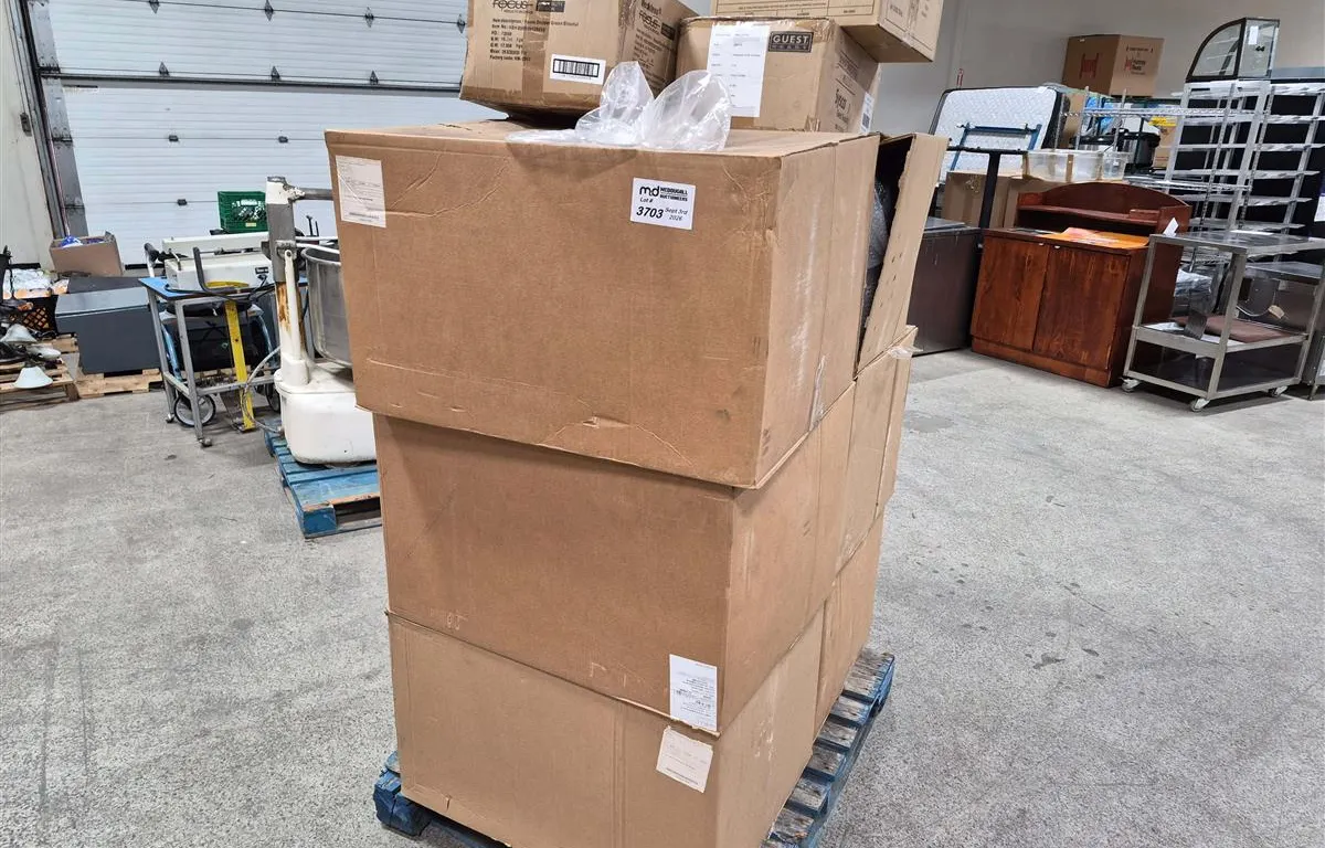 Pallet of (6) Brown Ottomans & Assorted Hotel Supplies
UNRESERVED