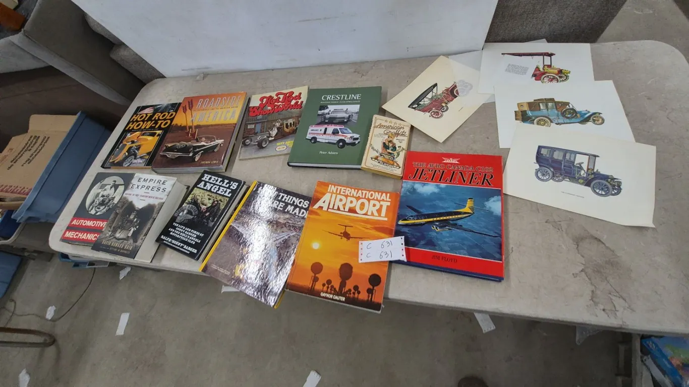 Collection of Books and Prints: "Hot Rod How-To," "Hell's Angel," "International Airport,"