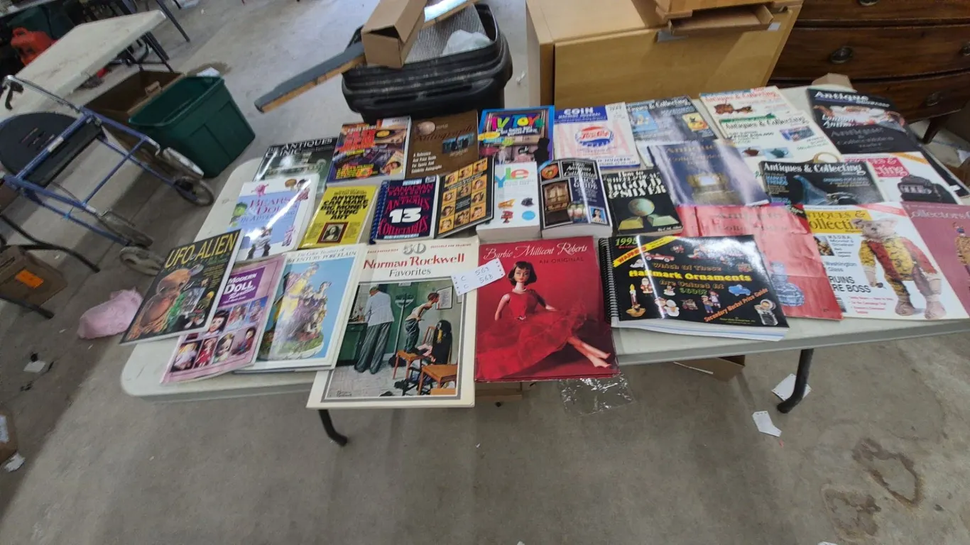 Collection of Antiques and Collectibles Price Guides, Barbie, and Norman Rockwell Books
