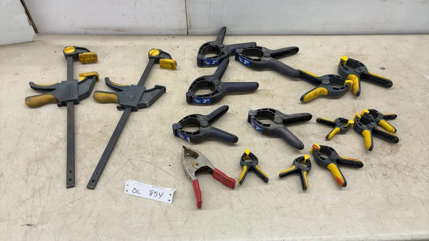 Assorted Clamps: 2 Bar Clamps, 3” Spring Clamps, Metal Clamp and Small Spring Clamps