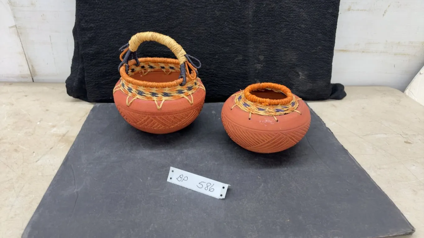 Handcrafted Terracotta Pots with Woven Fiber Rims and Etched Geometric Patterns, Set of 2