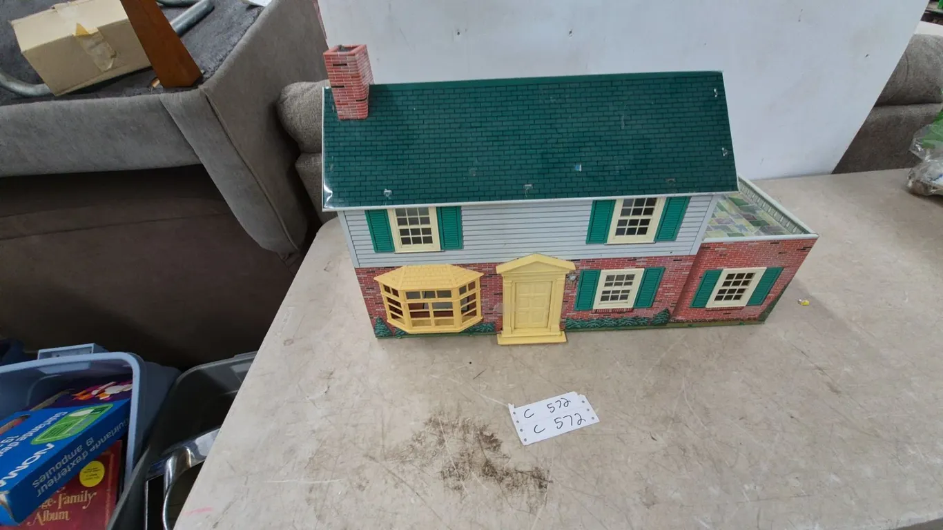 Vintage Tin Litho Dollhouse with Chimney, Bay Window, and Front Door;