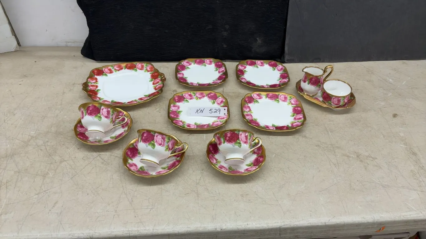 Royal Albert Old English Rose Crown China Tea Set with Plates, Cups, Saucers, Creamer, Sugar Bowl