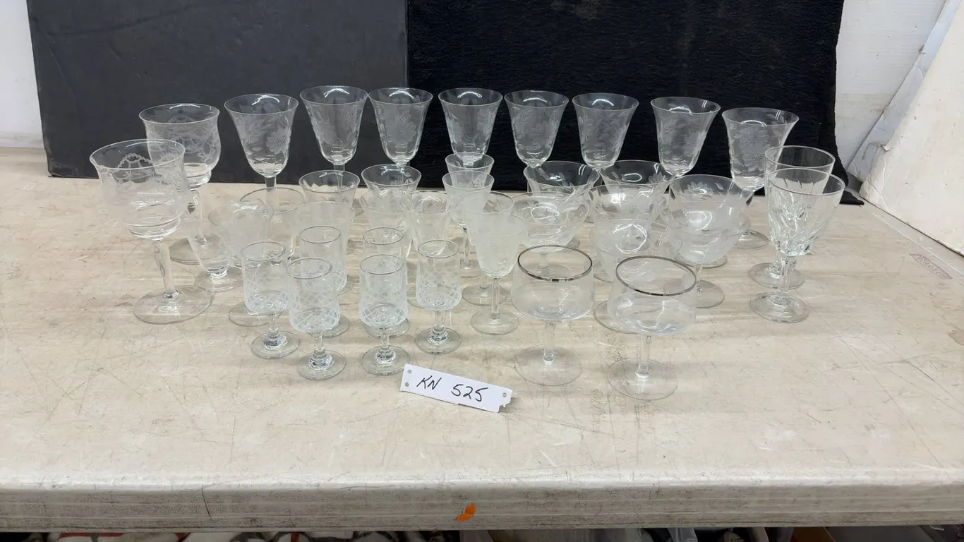 Mixed Lot of Vintage Clear Glass Stemware with Floral Etched and Geometric Designs