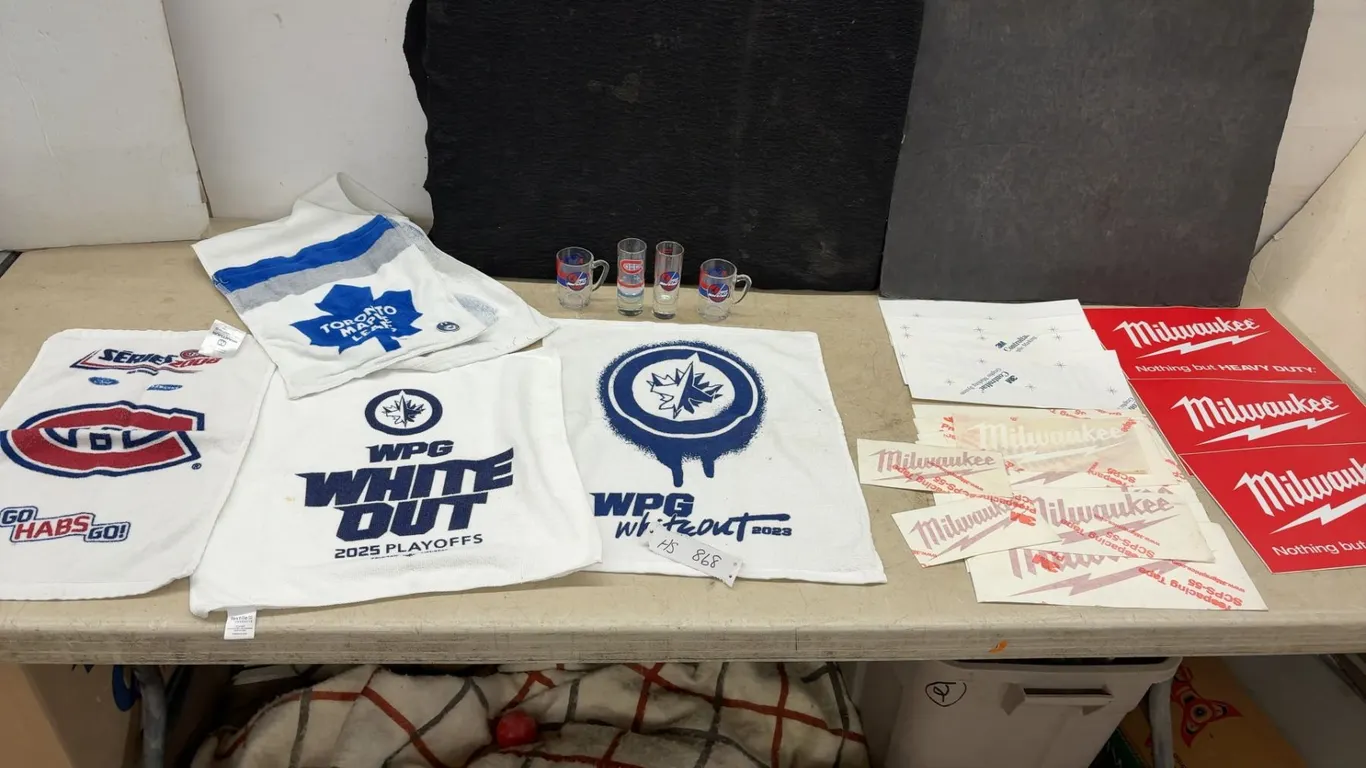 NHL Winnipeg Jets, Maple Leafs, Canadiens, Memorabilia Towels, Shot Glasses and Milwaukee Tool