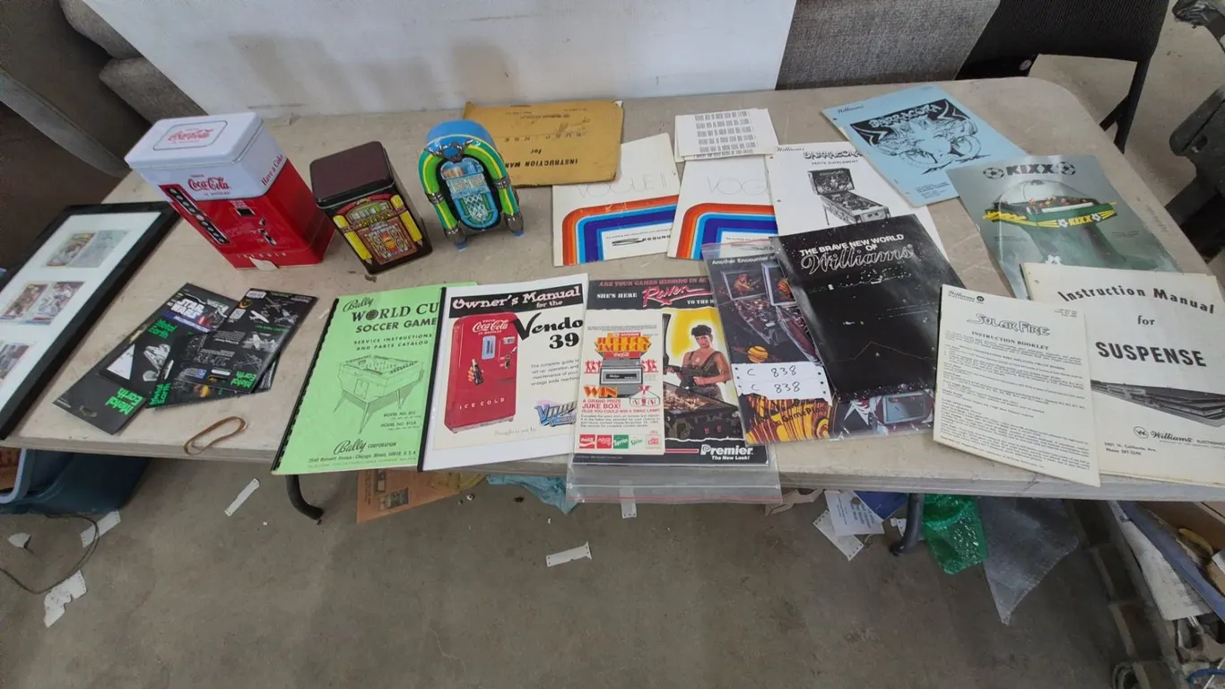 Bally World Cup Soccer Game and Williams Pinball Machine Manuals, Coca-Cola Vendo 39 and Jukebox