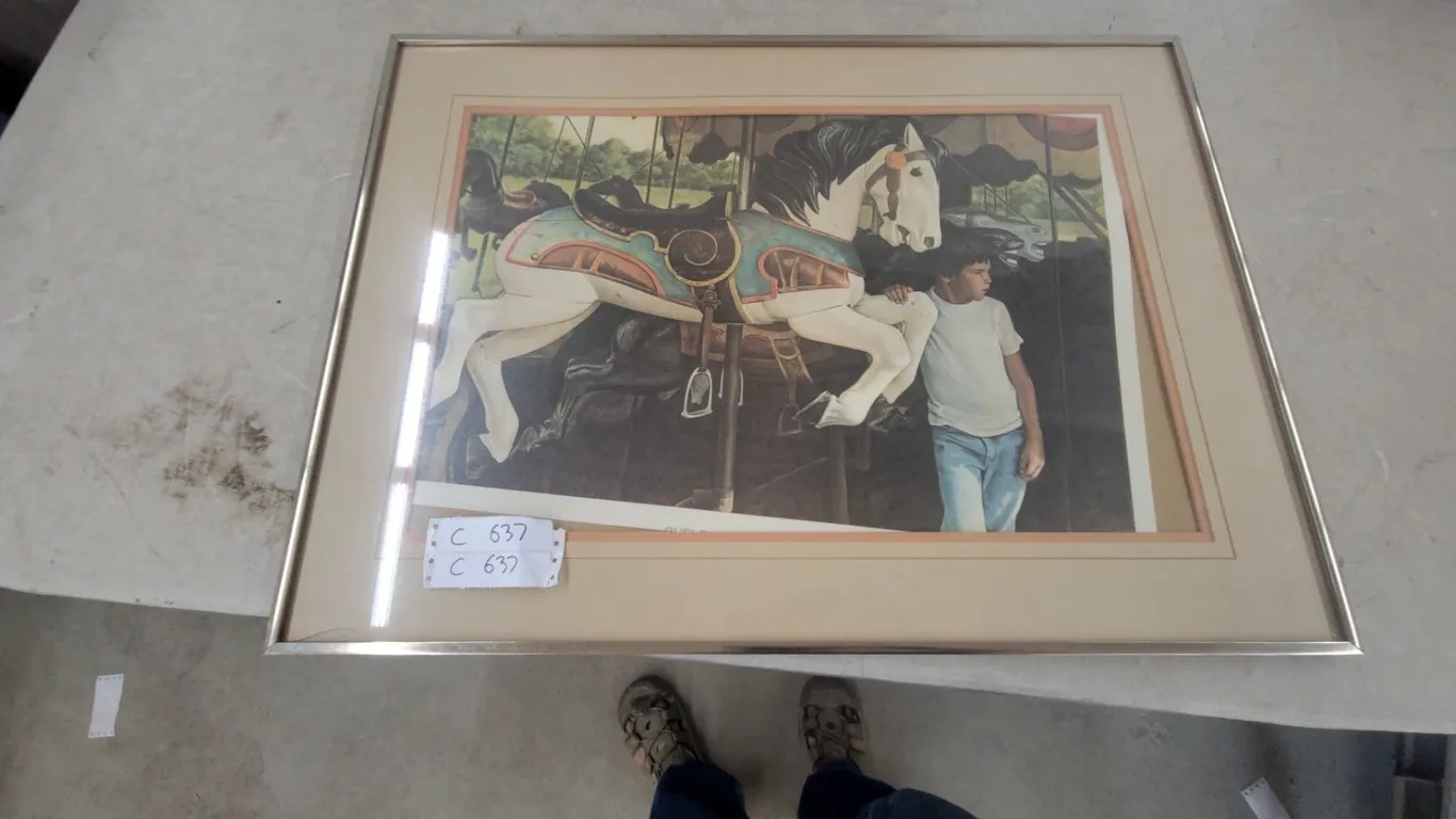 Framed Print of a Boy and Carousel Horse 22”×30”