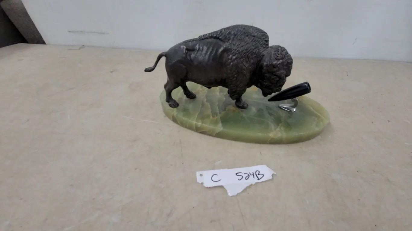 Bronze Buffalo Sculpture on Onyx Base with Pen Holder 12”