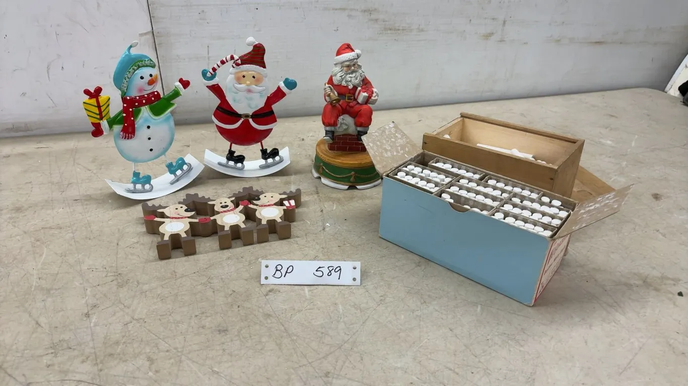 Summit Collection 1991 Santa on Chimney Music Box, Metal Snowman and Santa Figures, Vintage Chalk