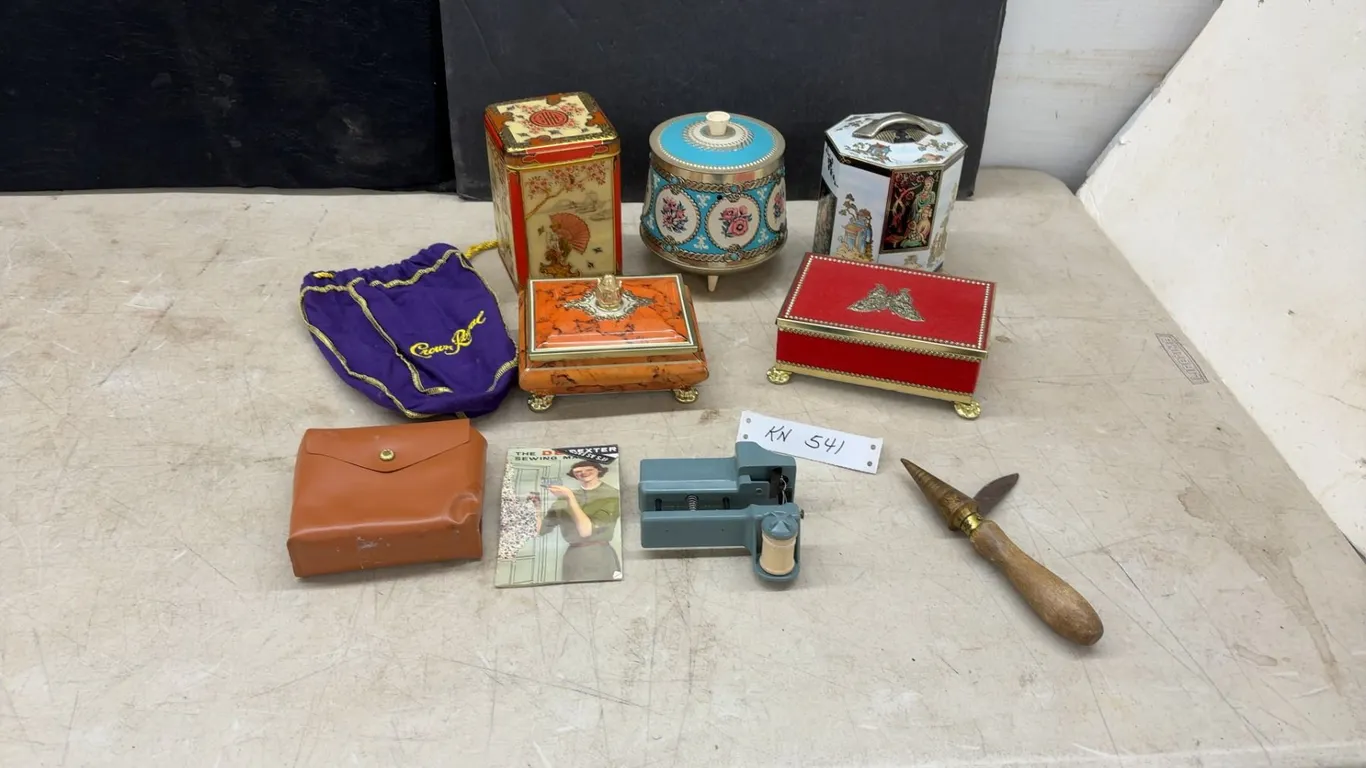Vintage Decorative Tins, Minerva Chocolates Butterfly Box, Crown Royal Bag, Sewing Tool
