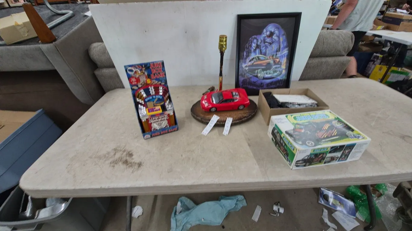 Juke Box Bank, Red Sports Car Lamp, Framed Art, and Model Car Kit