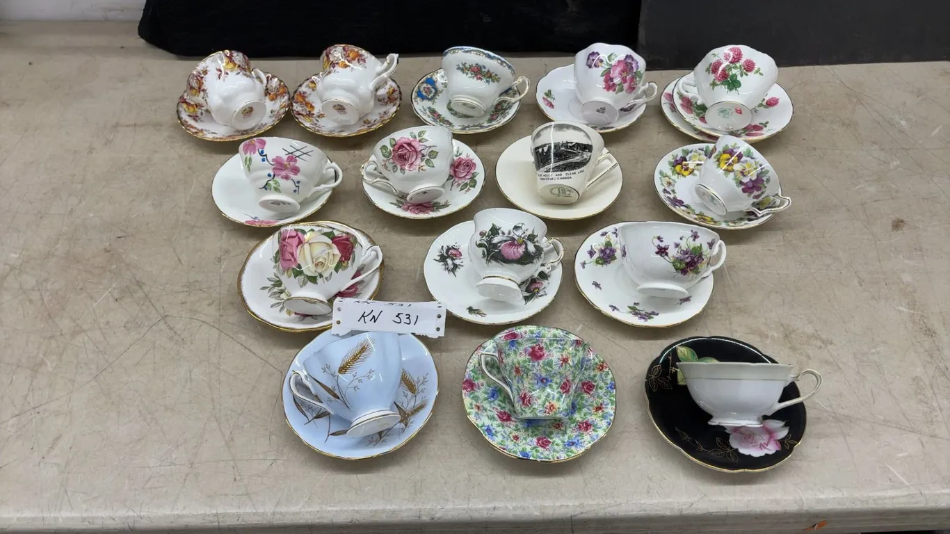 Vintage English Bone China Teacups and Saucers Including Royal Winton, Royal Albert, Staffordshire