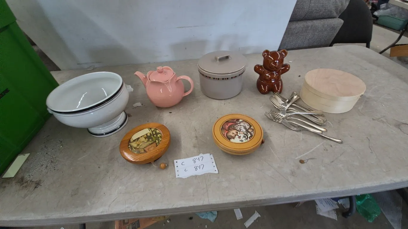 Ceramic Gravy Boat, Pink Teapot, Lidded Canister, Baby Bear Bank, 2 Wood Boxes, and 16 Forks