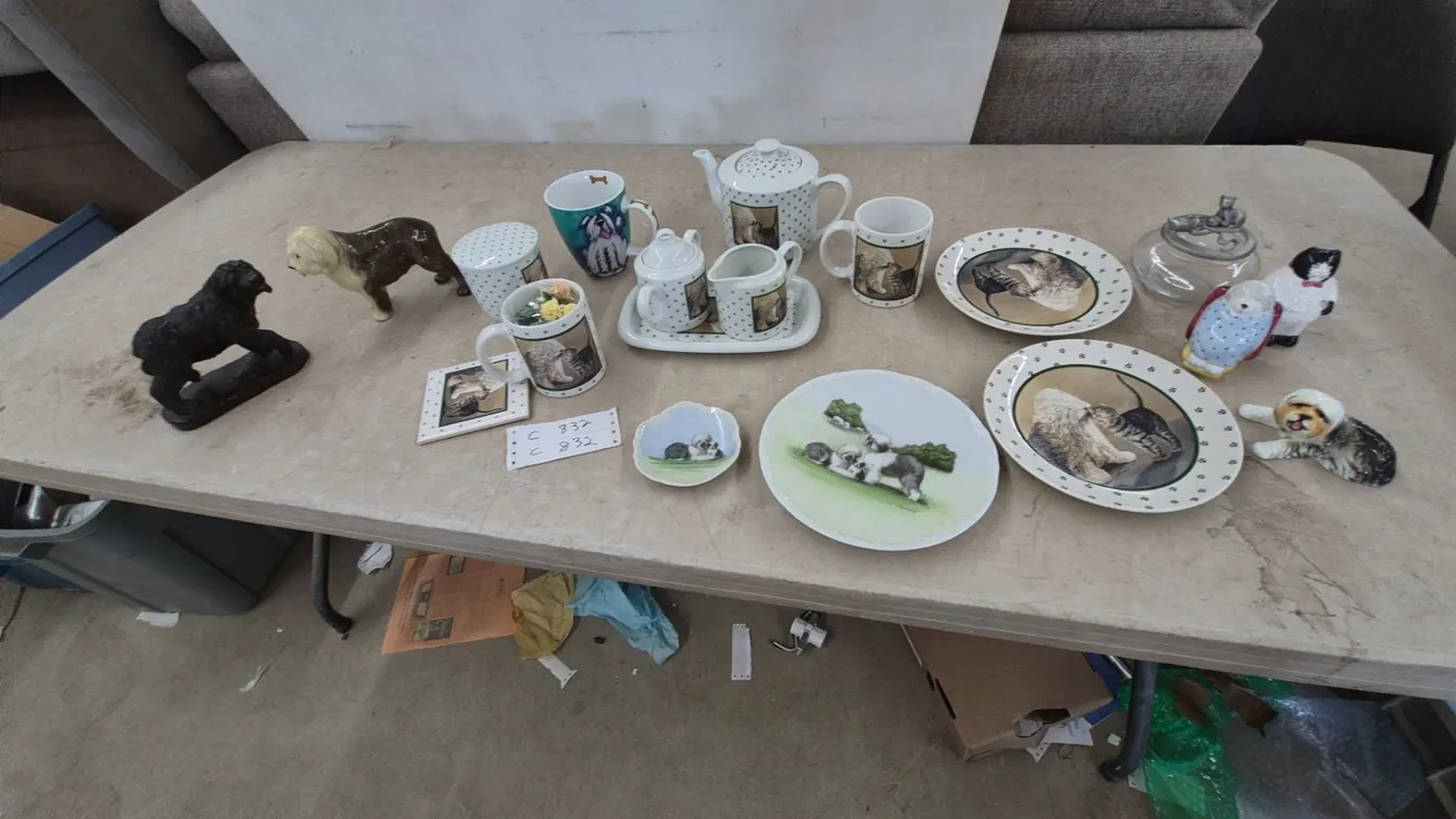Old English Sheepdog and Cat Themed Ceramic Tableware and Figurines