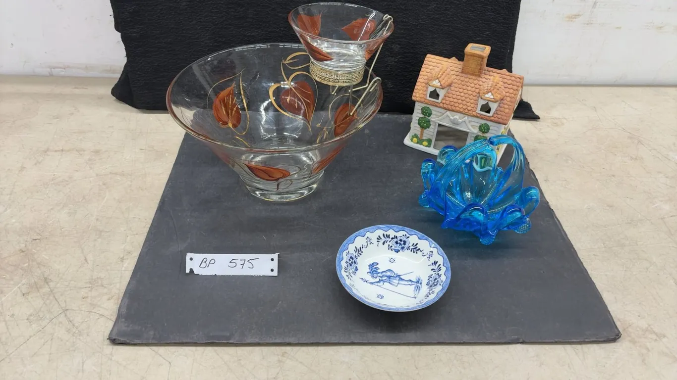 Vintage Glass Chip and Dip Set, Ceramic Cottage, Blue Art Glass Bowl and Johnson Bros. Dish