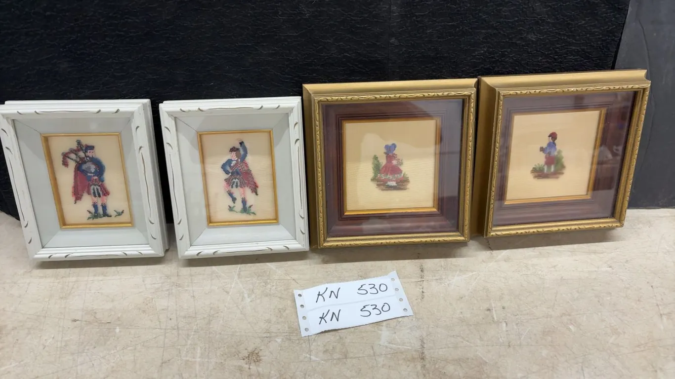 Set of Four Framed Needlepoint Artworks, Largest 7 × 7”
