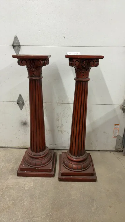 Pair of Carved Wooden Corinthian Column Pedestals with Fluted Shafts and Square Bases, 46” Tall