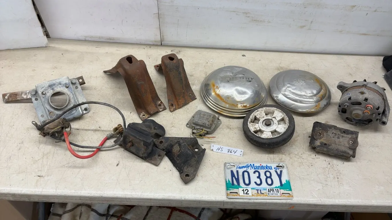 Vintage 1970’s Ford F150 V8 Parts, Mercury Hubcaps, Autolite Alternator, Engine Mounts, License