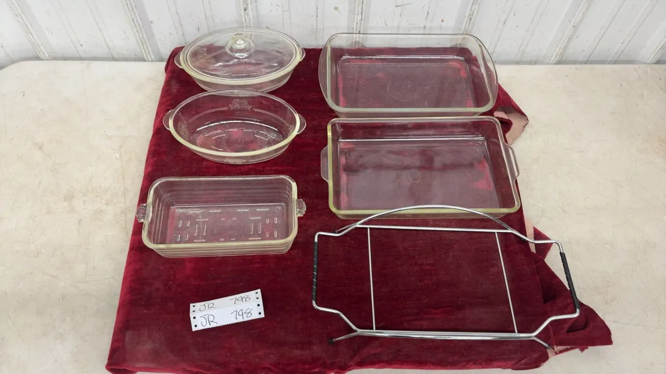 Vintage Clear Glass Bakeware with Lidded Oval Casserole, Chrome Cradle and More - OvenBake