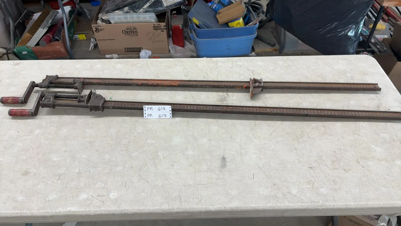 Two Vintage Bar Clamps, Each with Red-Handled Crank and Adjustable Jaws