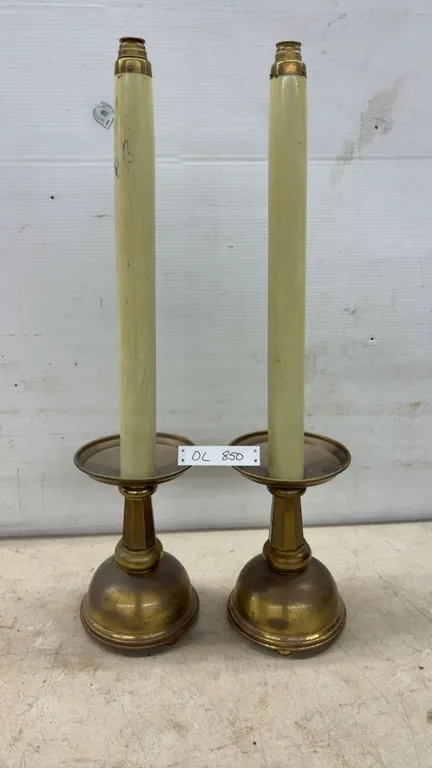 Pair of Church Brass Candlesticks with Spring-Loaded Cylinder for Candles, 30” Tall