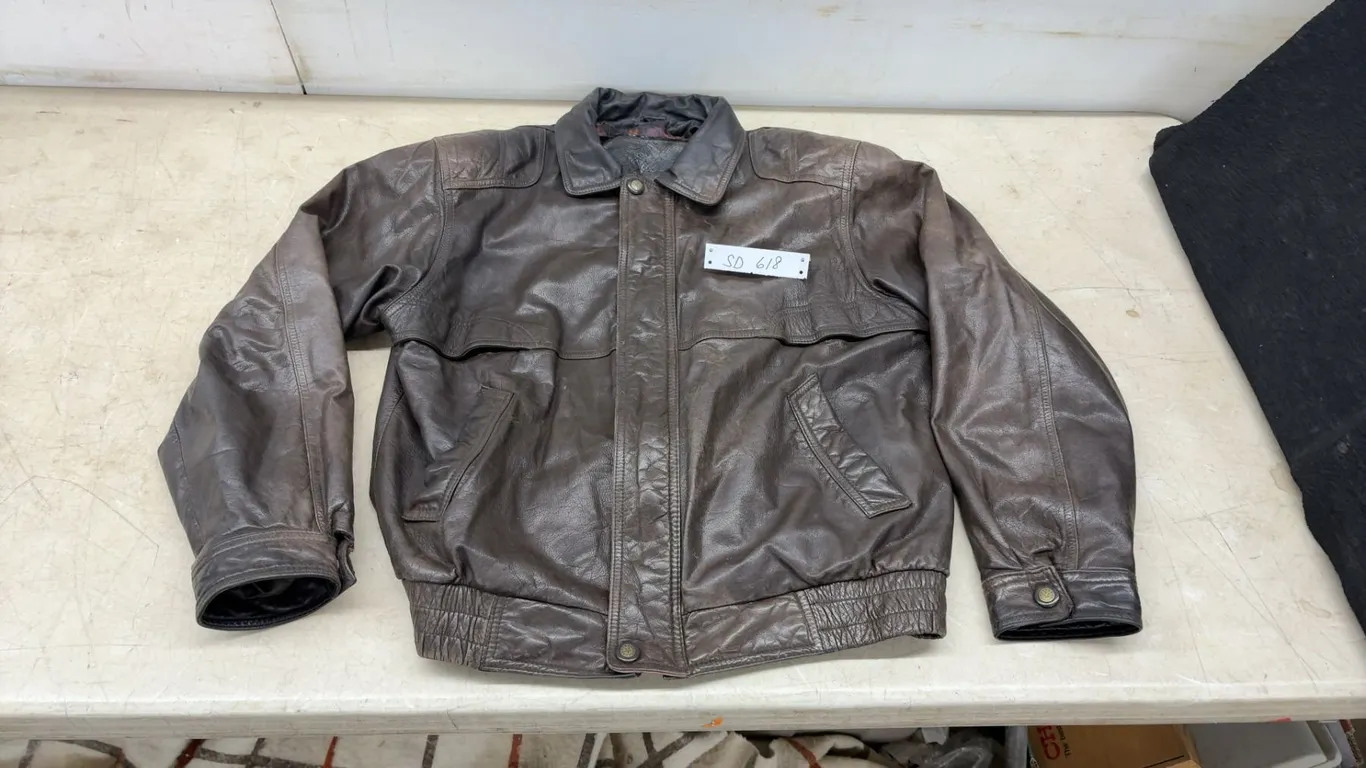 Dark Brown Leather Bomber Jacket with Snap Storm Flap, Sz Med ?