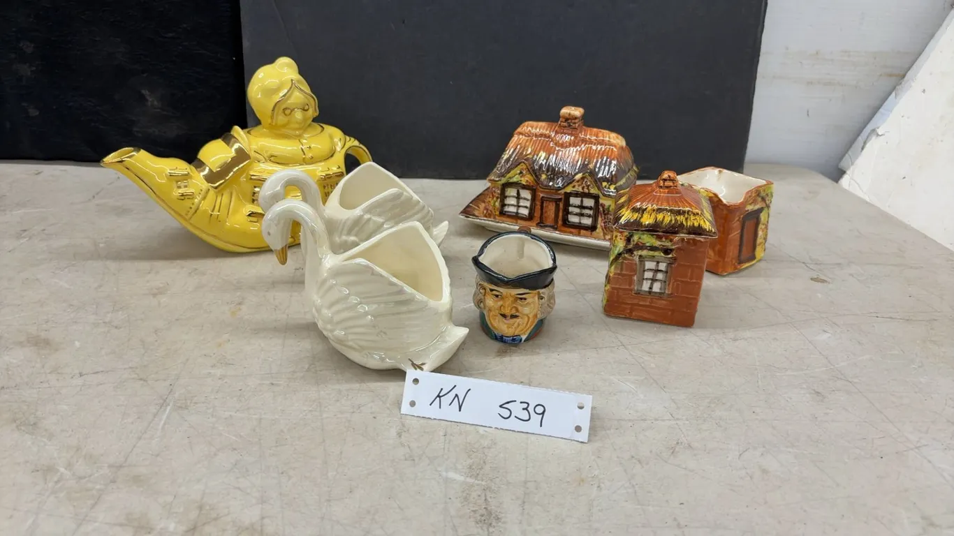Lingard "Old Woman in a Shoe" Teapot, 2 Hand Painted Swans with 22 KT Gold Trim and 3 Pieces