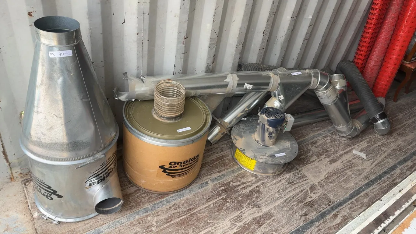 Oneida Air Systems Dust Collection Cyclone, Filter, and pallet full of Ducting