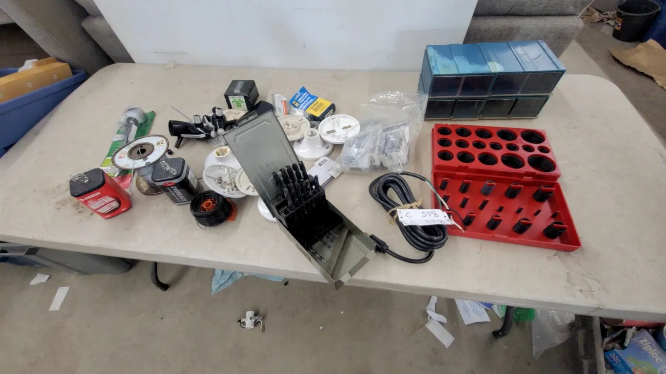 Assorted Electrical and Hardware Lot: Angle Grinder, O-Ring Kit, Light Fixture Bases