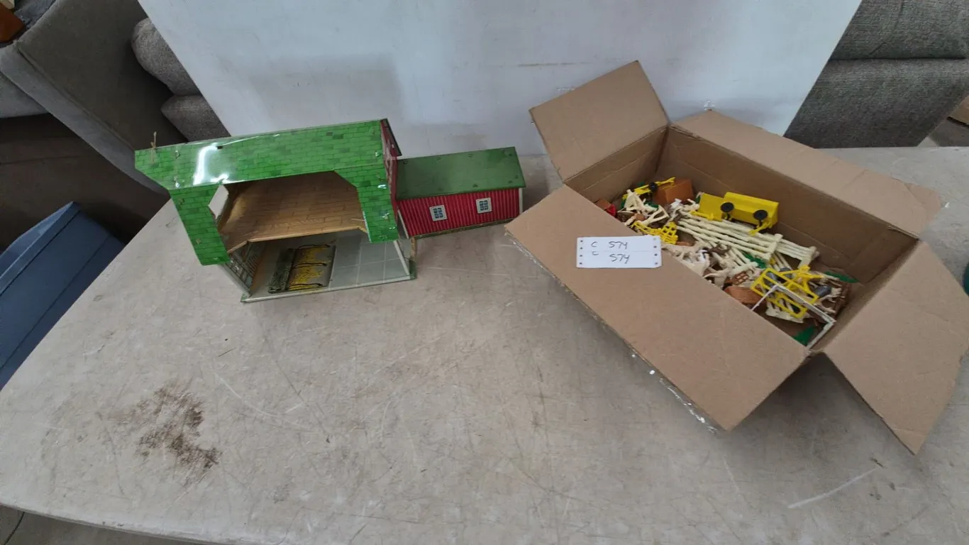 Vintage Marx Tin Litho Barn and Farm Building, Box of Farm Animals, Fences