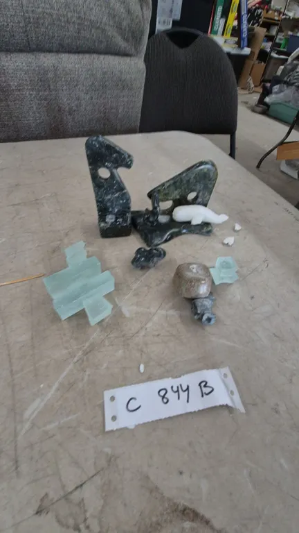 Assorted Stone and Glass Sculptures: 2 Dark Green Stone Abstract Sculptures, White Stone Whale