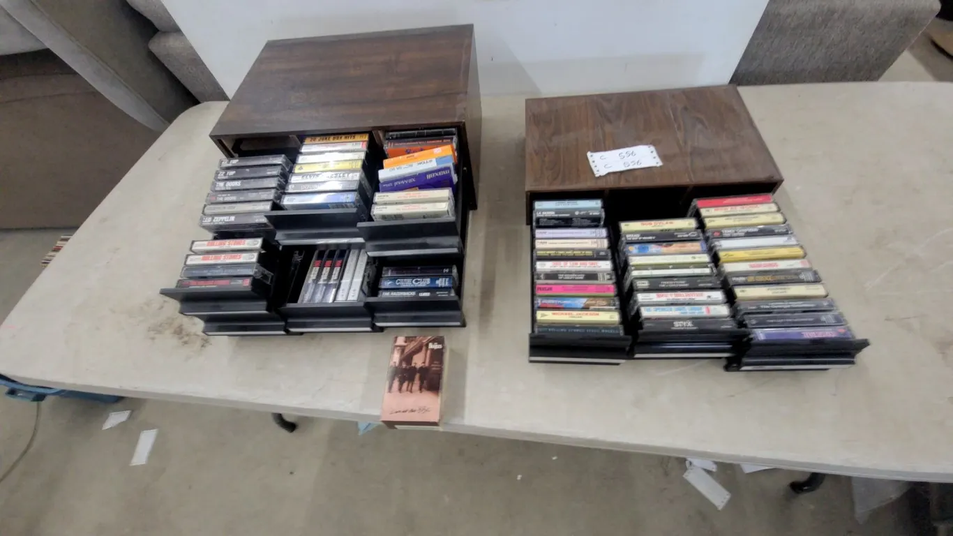 Two Wood Cassette Storage Cabinets with Assorted Music Cassettes most rock