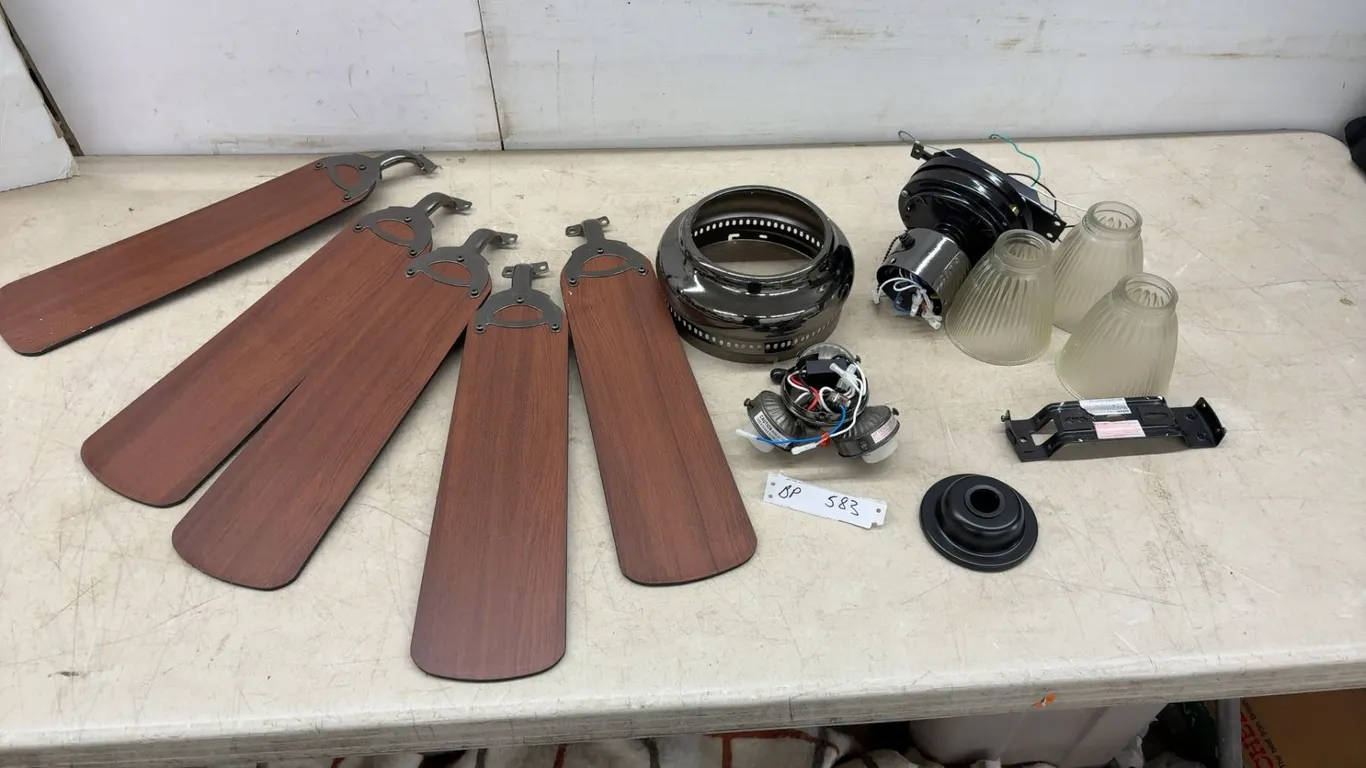 5-Blade Ceiling Fan With Dark Wood Blades and 3 Frosted Fluted Glass Shades