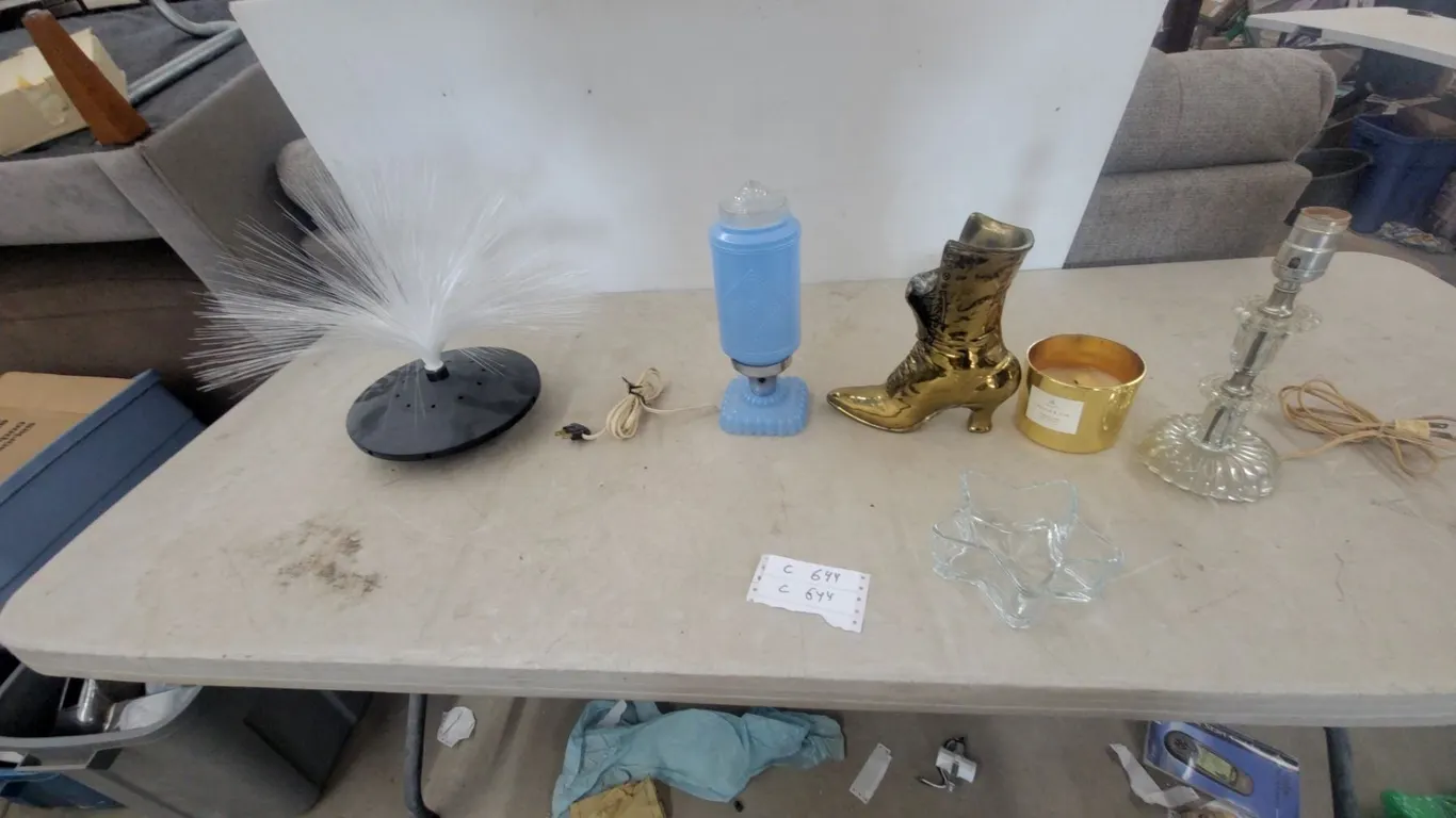 Assorted Lamps and Decor: Fiber Optic Lamp, Blue Glass Lamp, Clear Glass Lamp, Gold Boot