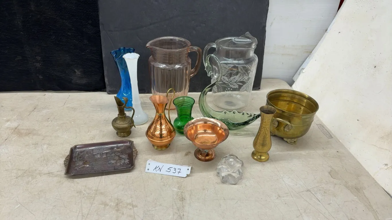 Assorted Vases, Pitchers, and Bowls, including Copper, Brass, and Glassware