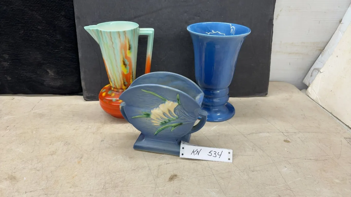 Roseville Pottery Blue Vase and More, Three Pieces