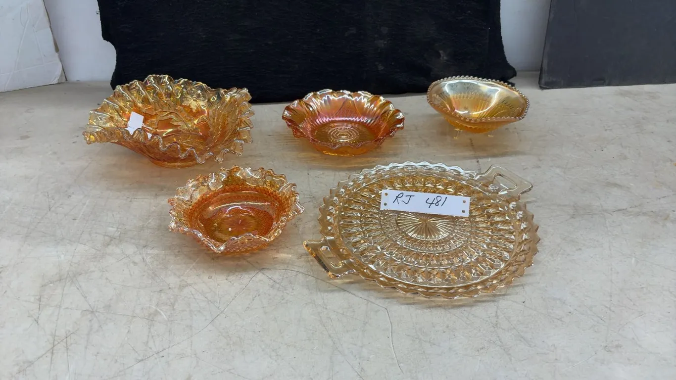 Five Pieces Marigold Iridescent Carnival Glass, Ruffled Bowls, Bonbon