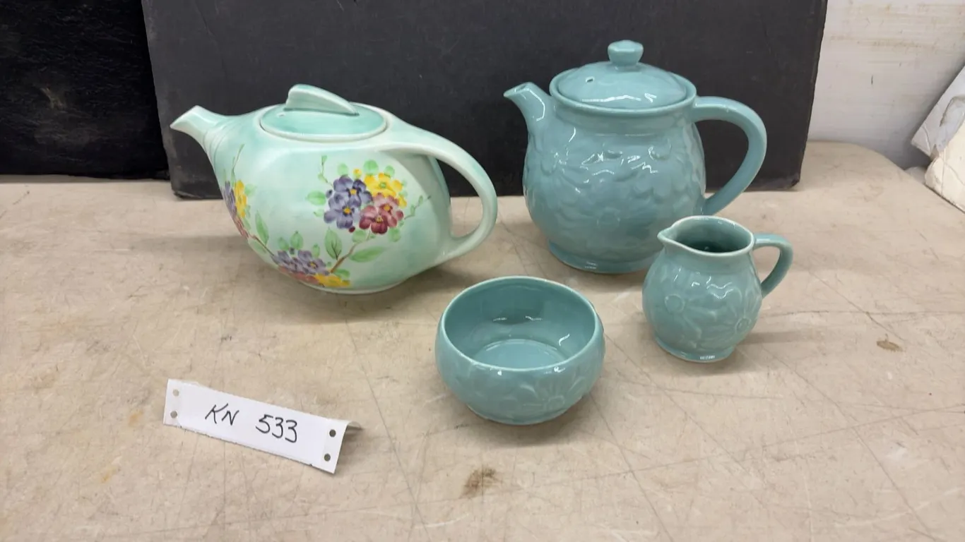 Radford England Hand-Painted Floral Teapot and Turquoise Embossed Floral Tea Set, 3 Pieces