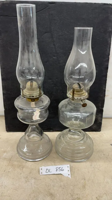 Pair of Vintage Clear Pressed Glass Kerosene Lamps with Brass Burners and Glass Chimneys, Tallest