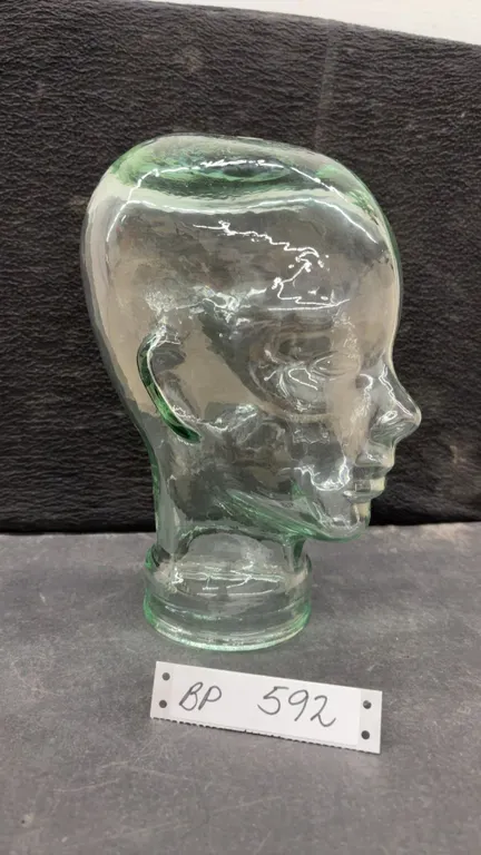 Green-Tinted Clear Glass Display Head Mannequin for Hats, Wigs, or Headphones, 11 1/2” Tall