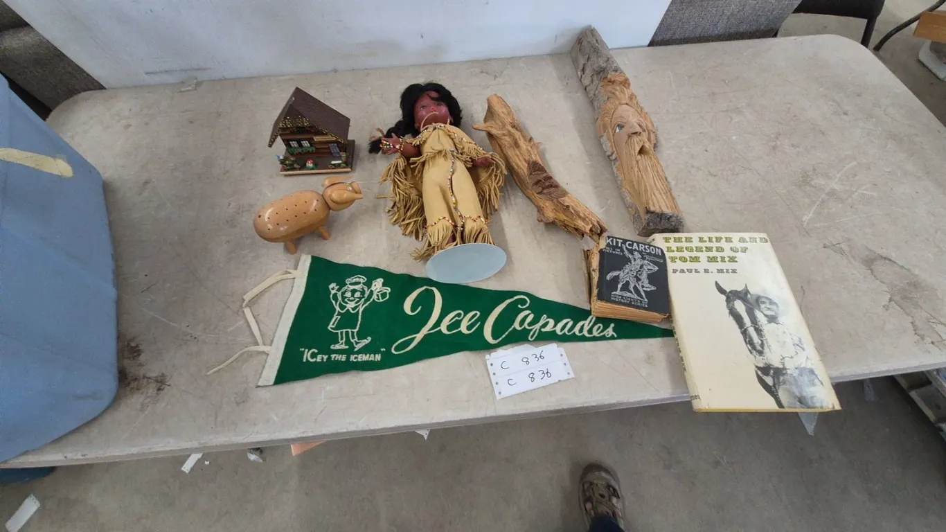 Native American Doll, Carved Wood Faces, Ice Capades Pennant, and Books