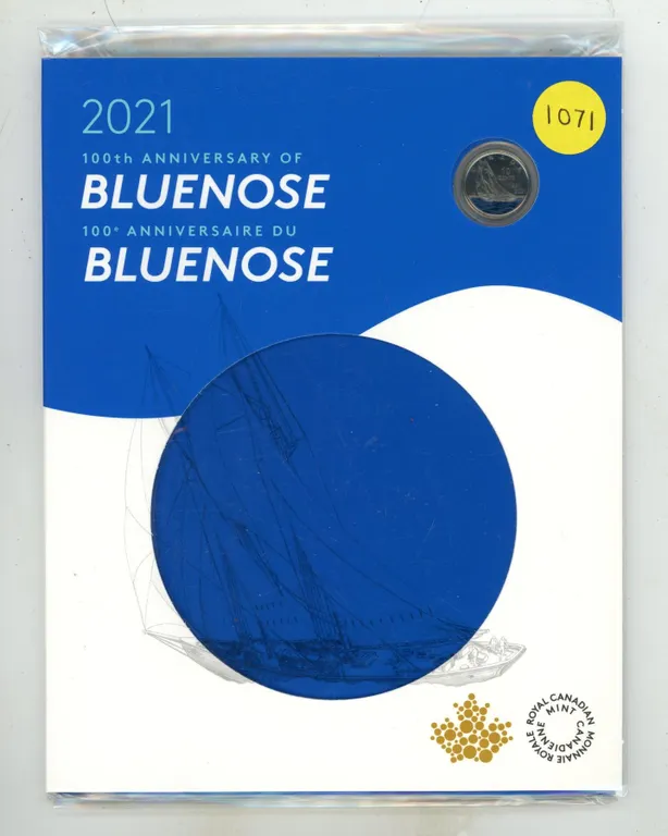 2021 100th Anniversary of the Bluenose set. 7-coin set including a Colourized 10 Cents. Housed in it