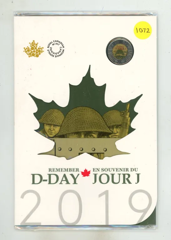 2019 Remember D-Day Dedication Set. 6-coin set including a Colourized Toonie. Housed in its original