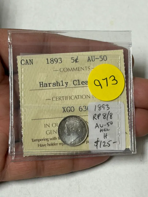 1893 Silver 5 Cents. ICCS certified and graded AU50. Harshly Cleaned. The coin has an 8/8 that was m